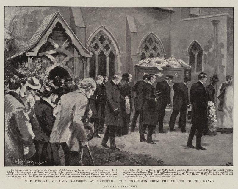 Lady Salisbury temetése Hatfieldben, a körmenet a templomtól a sírig alkotó: Arthur Kemp Tebby