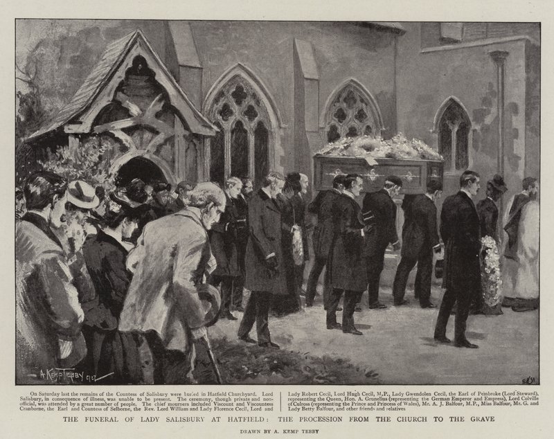Lady Salisbury temetése Hatfieldben, körmenet a templomtól a sírig (litho) alkotó: Arthur Kemp Tebby
