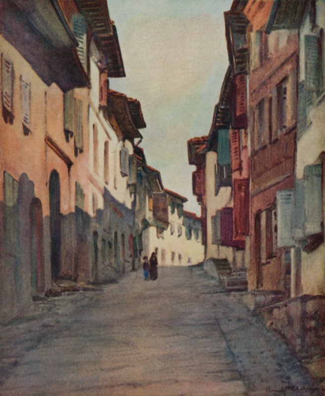 Baszkföld: utca az óvárosban, St Jean-Pied-de-Port (színes litho) alkotó: Arthur Romilly Fedden