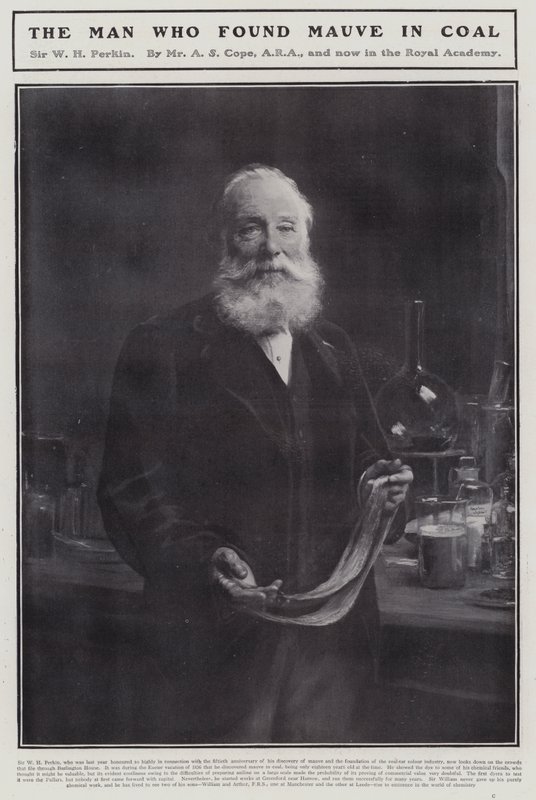 William Henry Perkin, angol kémikus, aki felfedezte az első szintetikus szerves festéket, a mauveine-t (litho) alkotó: Arthur Stockdale Cope