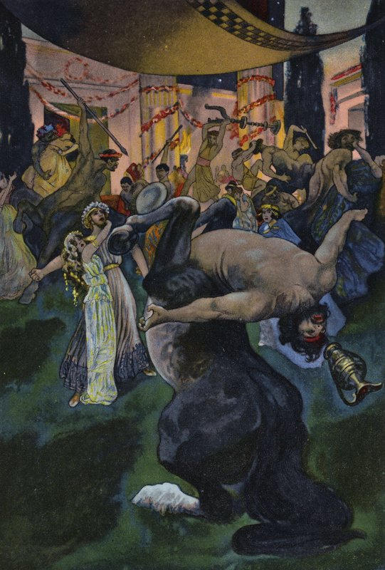 Szatírok megzavarják Orpheus és Eurydice lakodalmát, jelenet az Orpheus in the Underworld című filmből (színes litó) alkotó: Artus Scheiner