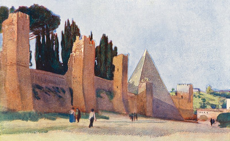 Róma: Caius Cestius piramisával (színes litográfia). alkotó: Aubrey Waterfield