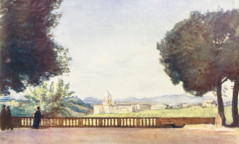 Róma: Doria (színes litográfia): Szent Péter a Villa Pamphili Doria felől (színes litográfia) alkotó: Aubrey Waterfield