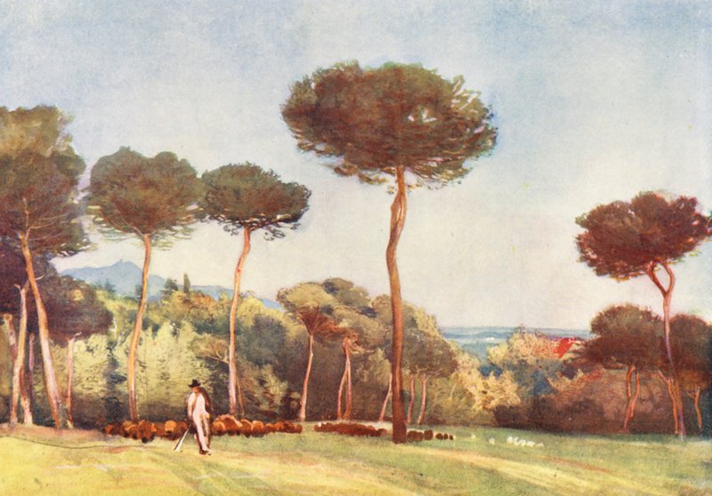 Róma: Doria (színes litográfia): A Campagna a Villa Pamphili Doria felől. alkotó: Aubrey Waterfield