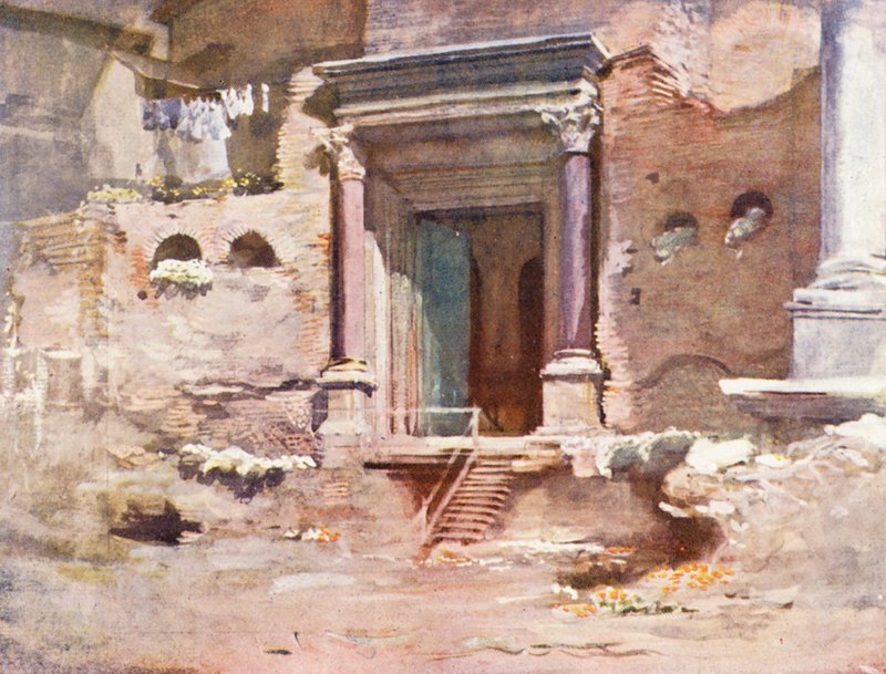 Róma: Forum (színes litográfia): Romulus templomának ajtaja, Forum (színes litográfia). alkotó: Aubrey Waterfield