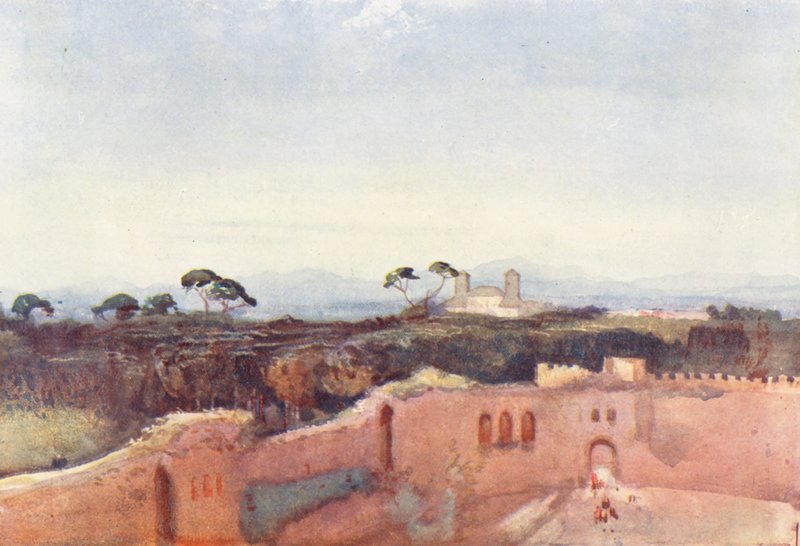 Róma: Villa Borghese a háztetőről (színes litográfia) alkotó: Aubrey Waterfield
