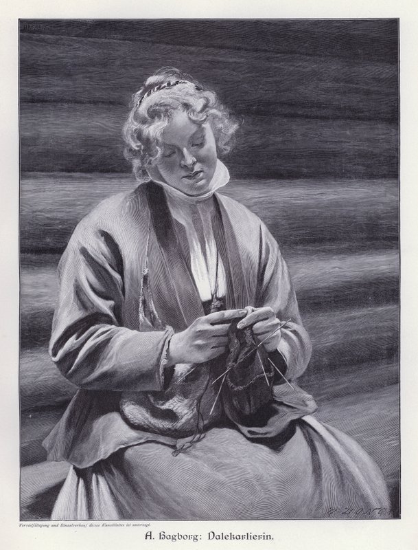 Kötő nő portréja (metszet) alkotó: August Wilhelm Nikolaus Hagborg