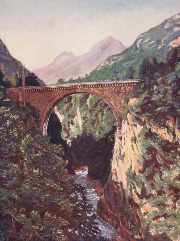 Franciaország: A Pont Saint-Sauveur és a Gave De Pau (színes litográfia) alkotó: Auguste Gerardin