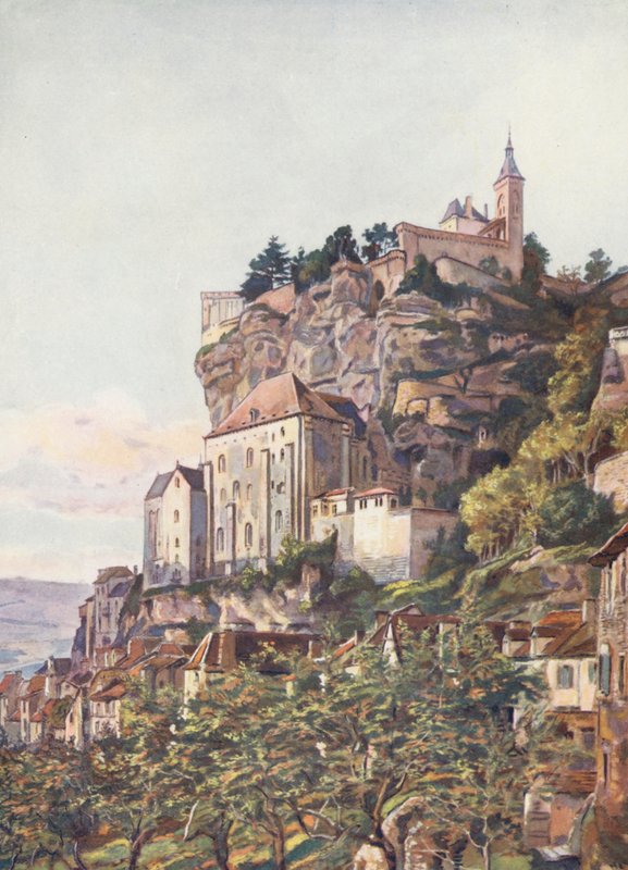 Franciaország: A Rocamadour-i szentély (színes litográfia) alkotó: Auguste Gerardin