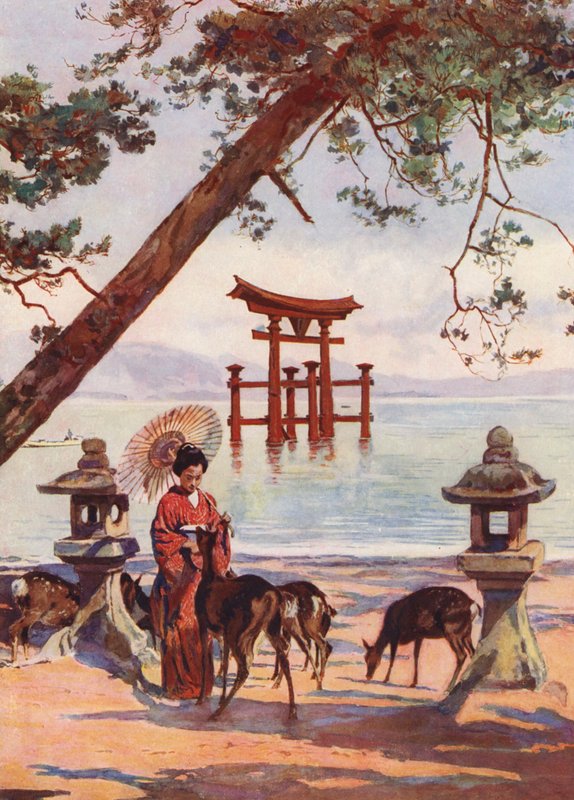 A Torii Miyajima-ban, Japán (színes lithó) alkotó: Auguste Gerardin