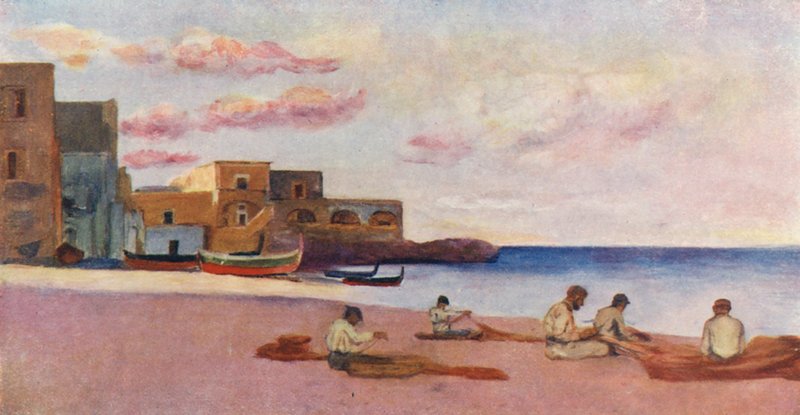 Este az ischiai kikötő strandján (színes litográfia) alkotó: Augustine Fitzgerald