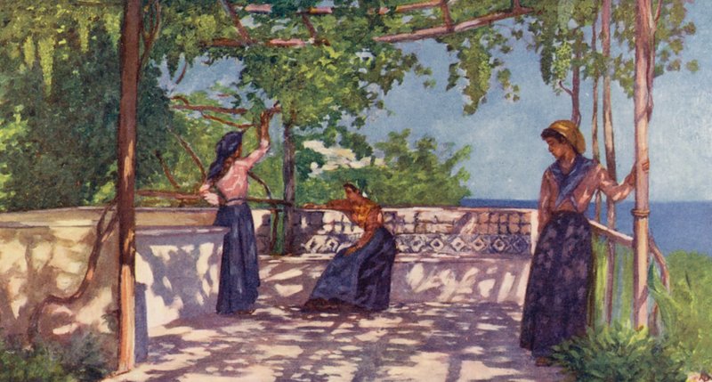 Parasztok a szőlő alatt, Casamicciola, Ischia (színes litográfia) alkotó: Augustine Fitzgerald