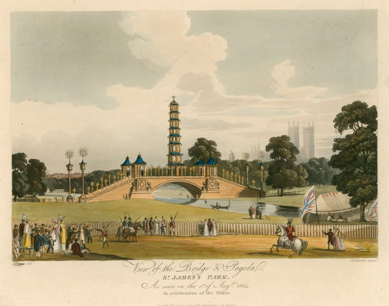 Kilátás a hídra és a pagodára, a londoni St James