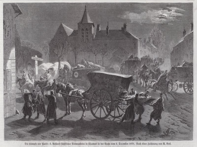 A Párizs melletti csatákban megsebesült szász katonák érkezése, francia-porosz háború, 1870. december 2. (metszet) alkotó: Augustus J. Beck