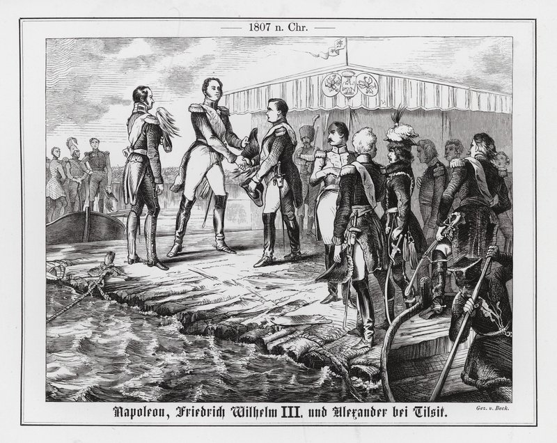 Napóleon, III. Frigyes Vilmos porosz király és I. Sándor orosz cár találkozója Tilsitben alkotó: Augustus J. Beck