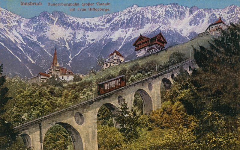 Innsbruck - siklóvasút és viadukt. 1913-ban feladott képeslap. alkotó: Austrian Photographer