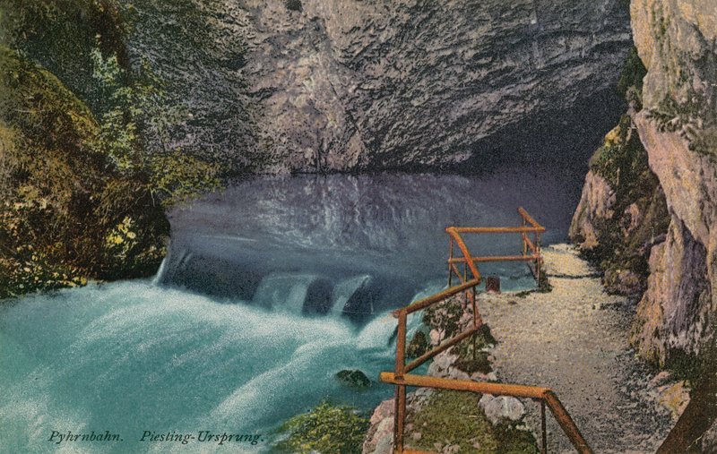 Piesling-Ursprung vízesés a Pyhrnbahn útvonalon Ausztriában. 1913-ban feladott képeslap. alkotó: Austrian Photographer