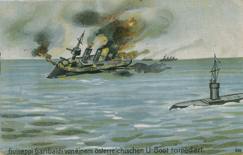 A Giuseppe Garibaldi olasz cirkáló elsüllyesztése az osztrák U-4-es tengeralattjáró által, I. világháború, 1915. július 18. alkotó: Austrian School