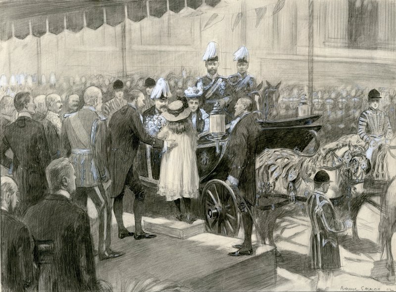 VII. Edward király és Alexandra királynő - London Megyei Tanács standja a Trafalgar téren, 1902. október 24. (akvarell, papír) alkotó: Balliol (after) Salmon