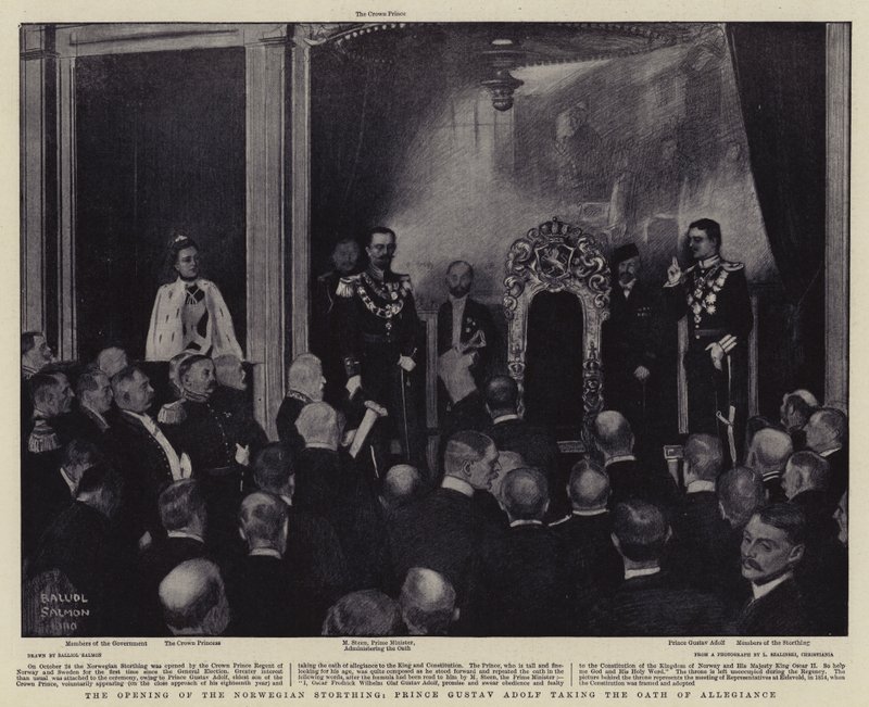 A norvég államalapítás, Gusztáv Adolf herceg leteszi a hűségesküt (litográfia) alkotó: Balliol (after) Salmon