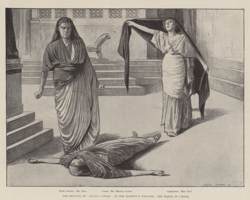 A "Julius Caesar" felújítása az Őfelsége Színházában, Caesar halála (metszet) alkotó: Balliol (after) Salmon