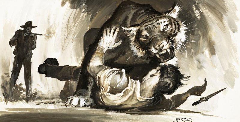 Tigris megtámad egy vadászt alkotó: Barrie Linklater