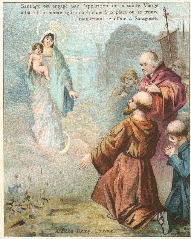 Nagy Szent Jakab látja Szűz Mária látomását Saragossában (chromolitho) alkotó: Belgian School