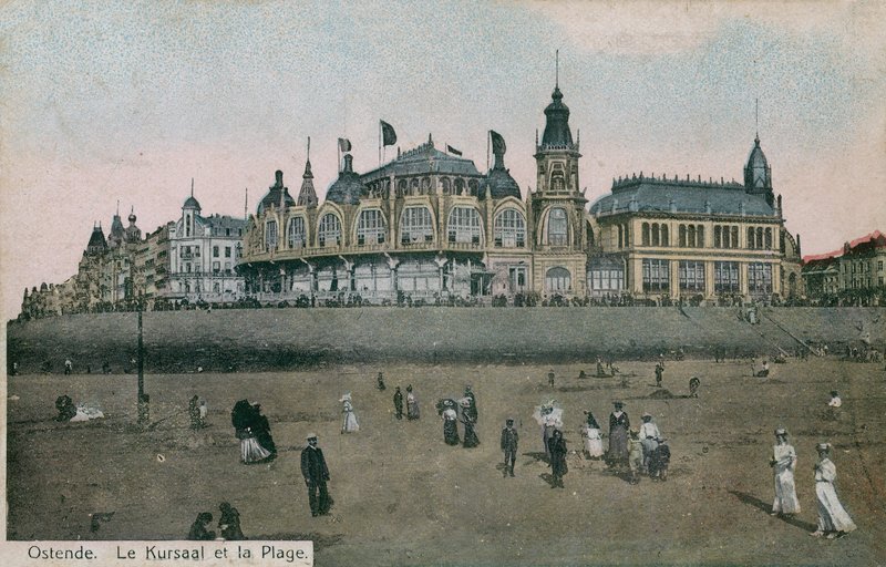 Le Kursaal és a strand Oostendében, Belgiumban. 1913-ban feladott képeslap. alkotó: Belgian Photographer