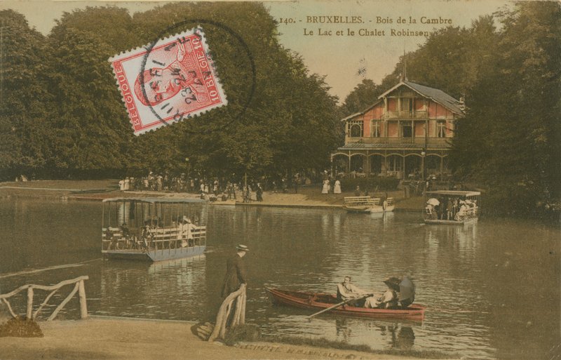 A tó és a Chalet Robinson, Bois de la Cambre, Brüsszel. 1913-ban feladott képeslap. alkotó: Belgian Photographer