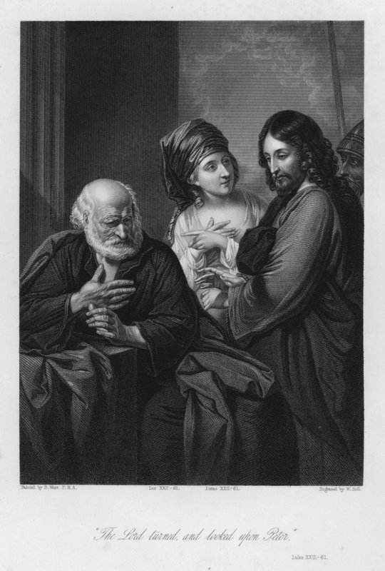 Péter megtagadja Krisztust, Lukács XXII, 61 (metszet) alkotó: Benjamin (after) West