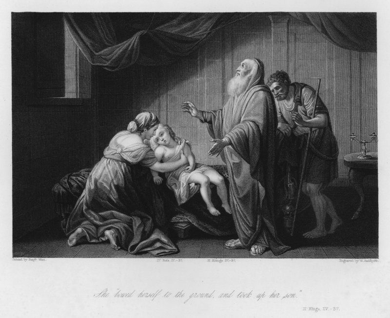 A sunamita fia életre kelt, II. Kings IV, 37 (metszet) alkotó: Benjamin (after) West