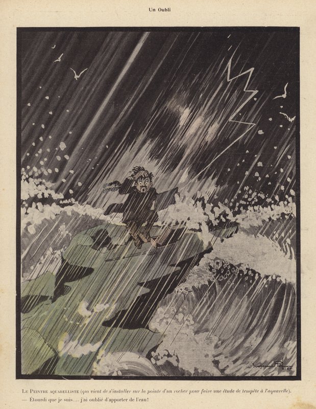 Egy felügyelet: egy akvarellművész feláll egy sziklára, hogy vihart festsen, és azon siránkozik, hogy elfelejtett vizet hozni magával (litho) alkotó: Benjamin Rabier