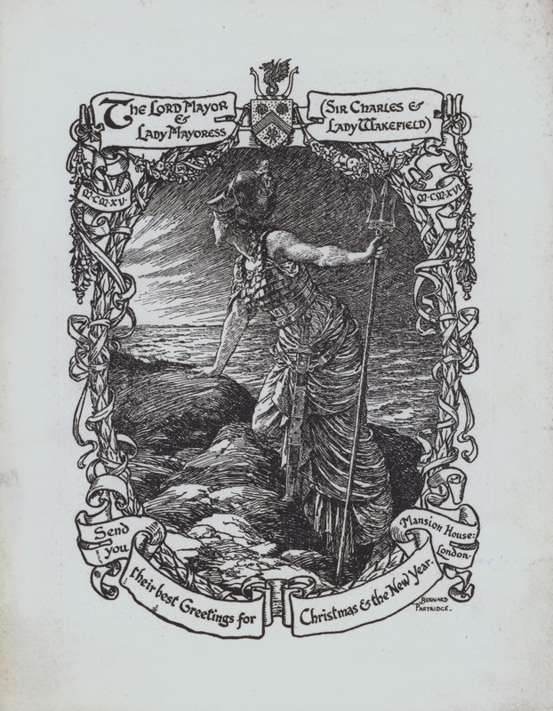 Tengerre néző Britannia, első világháborús karácsonyi üdvözlőlap London polgármesterétől és Lady Mayoresstől, Sir Charles és Lady Wakefield alkotó: Bernard (after) Partridge