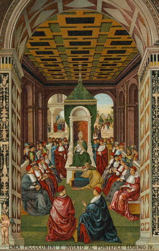 Enea Piccolomini IV. Eugén pápa előtt alkotó: Bernardino di Betto (after) Pinturicchio