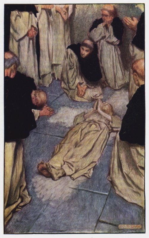 Illusztráció a kolostorhoz és a kandallóhoz, Charles Reade (színes litó) alkotó: Byam (after) Shaw