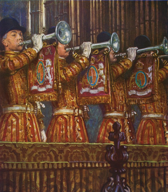 A háztartási lovasság trombitásai fanfárt szólaltatnak meg (színes litó) alkotó: Byam (after) Shaw