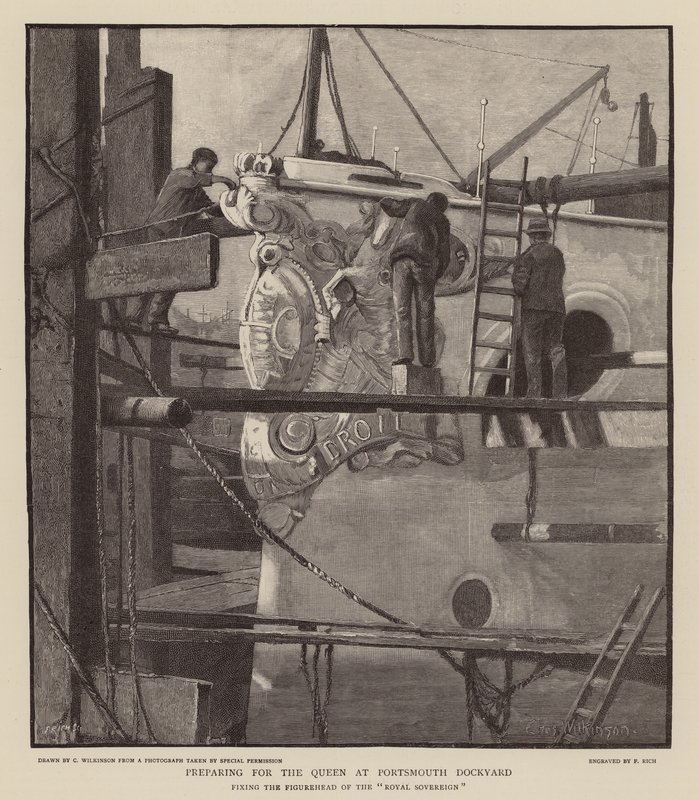Viktória királynő felkészítése a portsmouthi dokkban (metszet) alkotó: C.A. Wilkinson