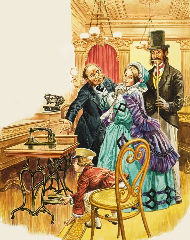 Egy viktoriánus hölgy csodálja az új taposóvarrógépet egy bemutatóteremben, miközben férje nézi (gouache, papír). alkotó: C.L. Doughty