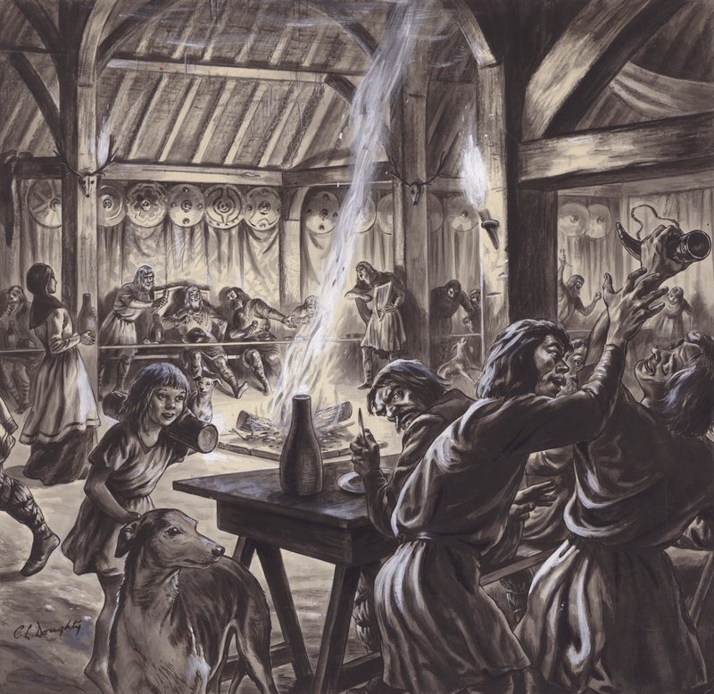 Lakoma egy angolszász thegns teremben (gouache, papír) alkotó: C.L. Doughty