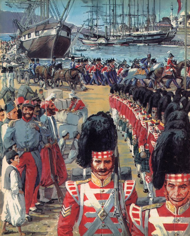 Máltára érkező brit csapatok a Krím felé vezető úton (színes litográfia) alkotó: C.L. Doughty