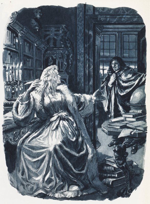 Svéd Krisztina meghívta Descartes filozófust, hogy hetente háromszor adjon neki oktatást (színes litográfia). alkotó: C.L. Doughty