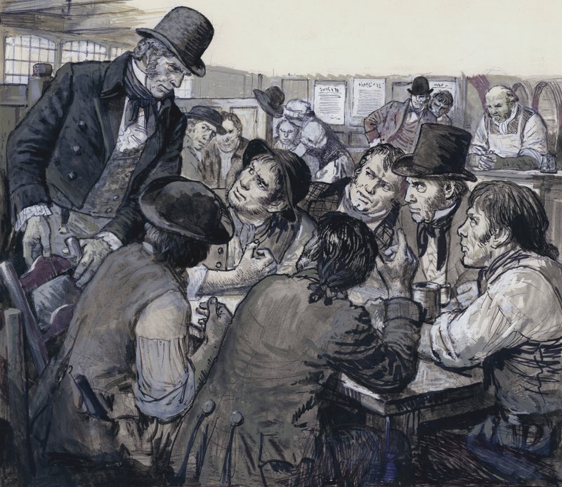 Despard ezredes politikai elégedetlenkedőket toboroz a londoni alvilág sötét bugyraiban (gouache, papír) alkotó: C.L. Doughty