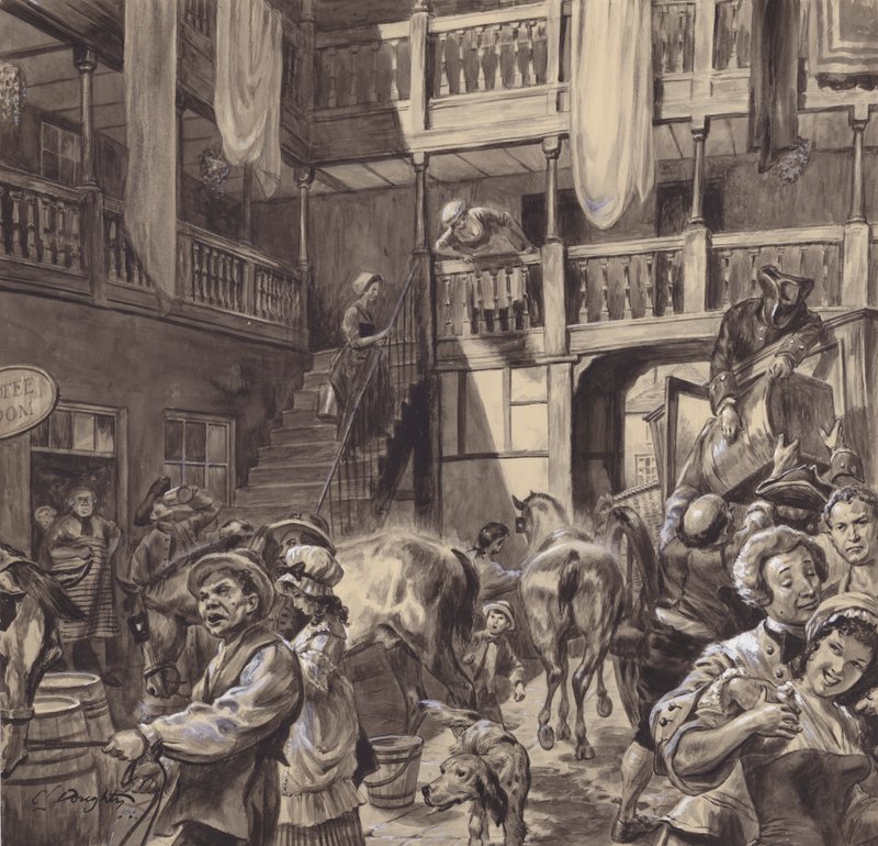 Egy fogadó udvara, 18. század vége (gouache, papír) alkotó: C.L. Doughty