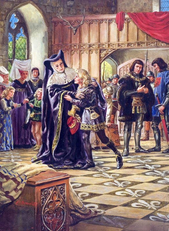 V. Edward (1470-83) átadása Gloucester hercegének (1452-85) (gouache, papír) alkotó: C.L. Doughty