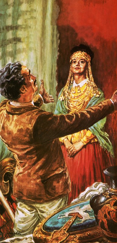 Heinrich Schliemann az ókori Trója területén kiásott dísztárgyakkal ékesíti feleségét alkotó: C.L. Doughty