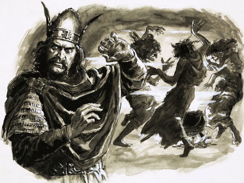 Shakespeare darabjában Macbeth találkozik három boszorkánnyal. alkotó: C.L. Doughty