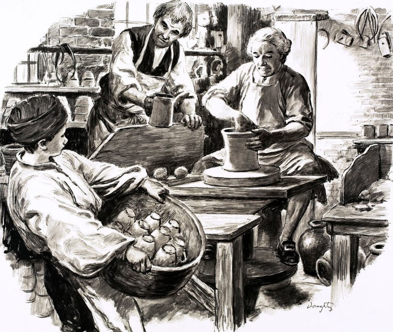 Josiah Wedgwood tanonc volt a családi fazekas üzletben (gouache, papír) alkotó: C.L. Doughty