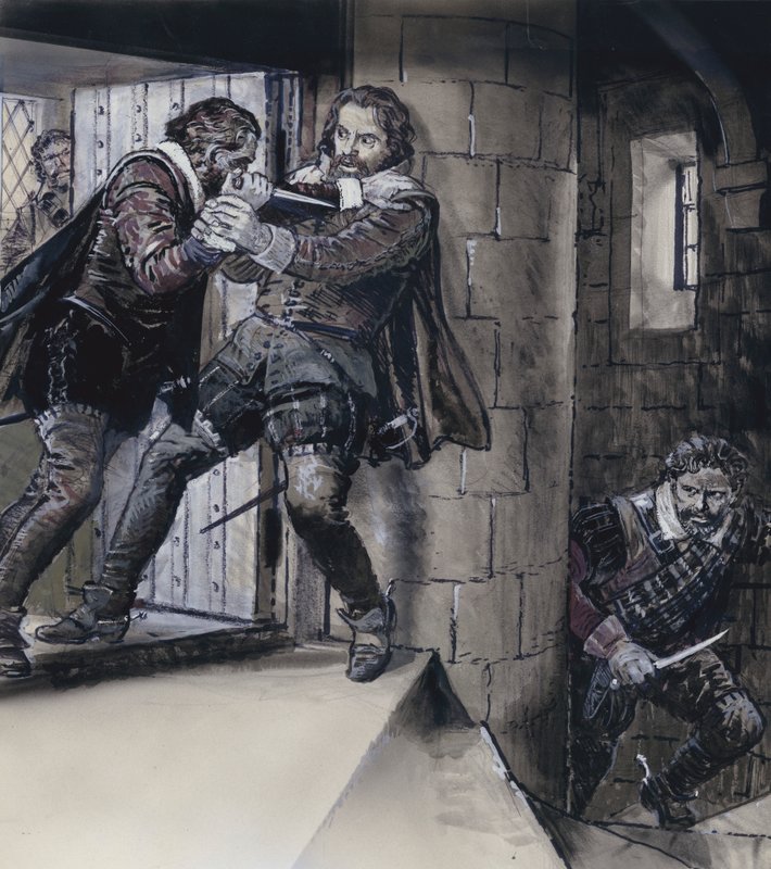 Lord Gowrie tőrrel rajzolja VI. Jakab skót királyt (gouache, papír) alkotó: C.L. Doughty