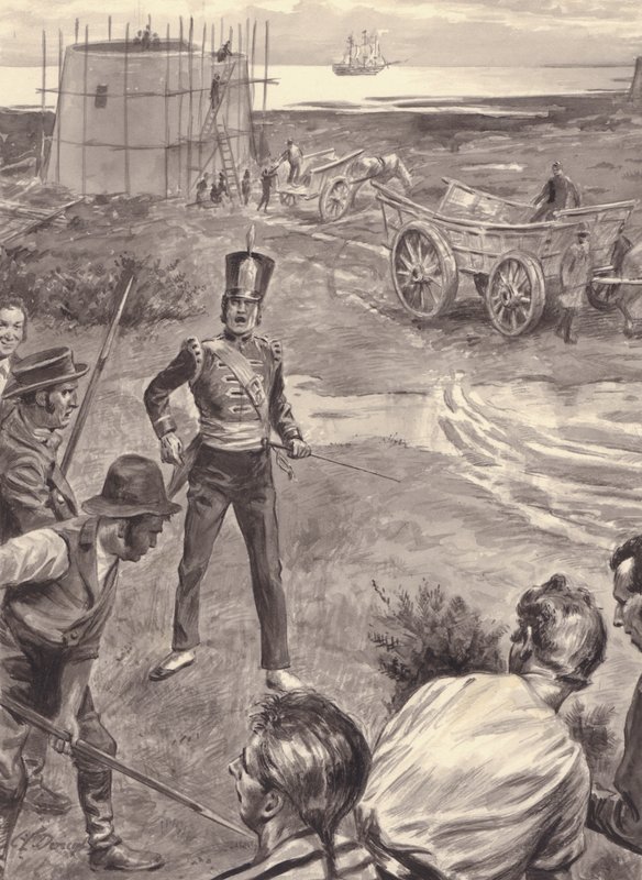 Martello-tornyok építése Napóleon angliai inváziója előtt (gouache, papír) alkotó: C.L. Doughty