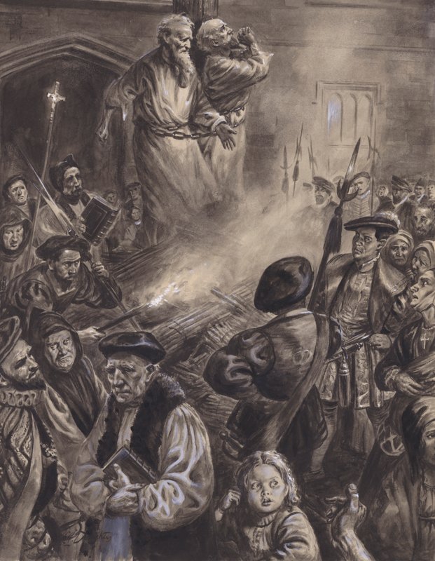 Ridley és Latimer mártíromsága (gouache, papír) alkotó: C.L. Doughty